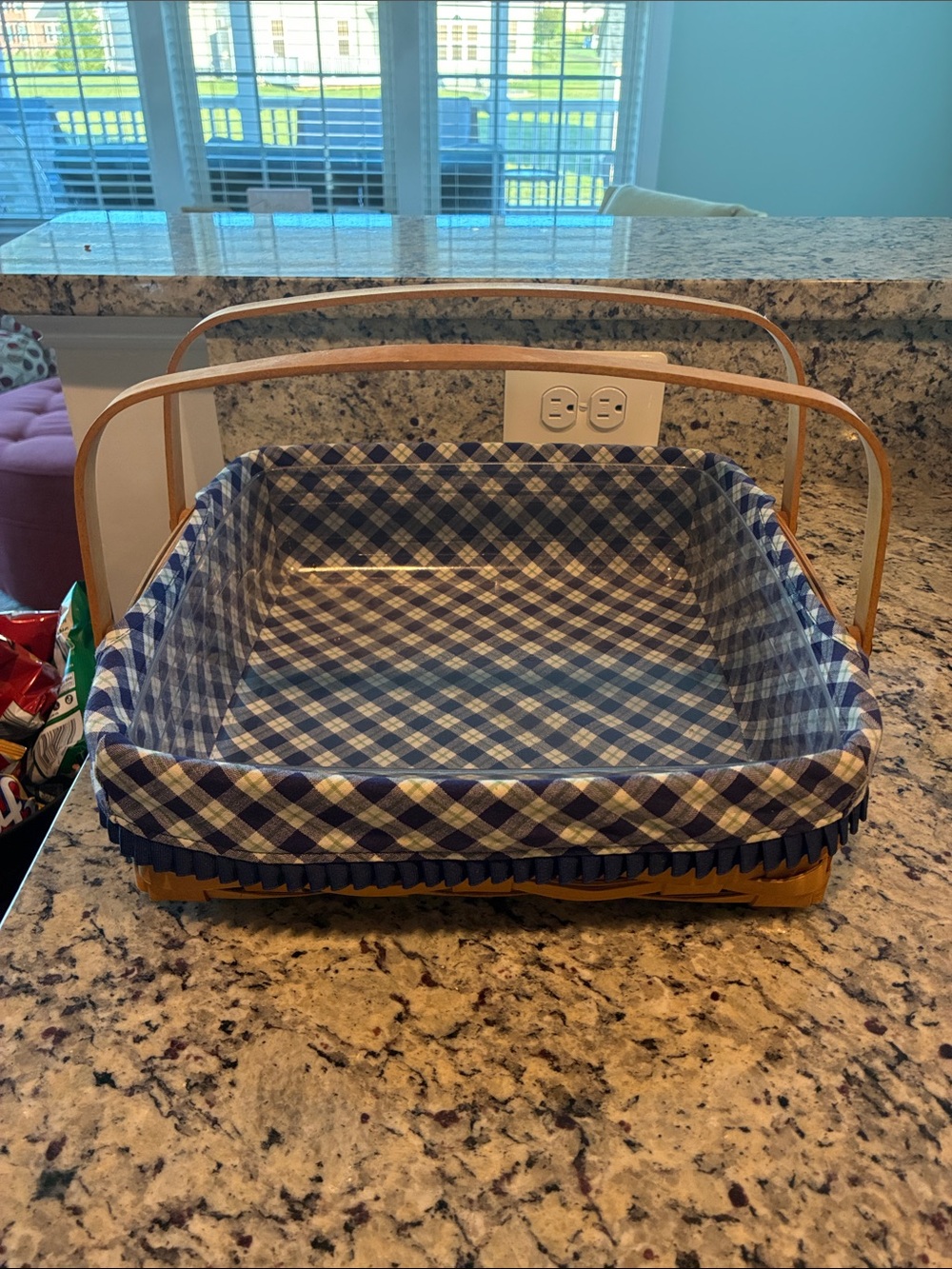 Longaberger Blue and White Gingham Square Basket with Wooden Handles